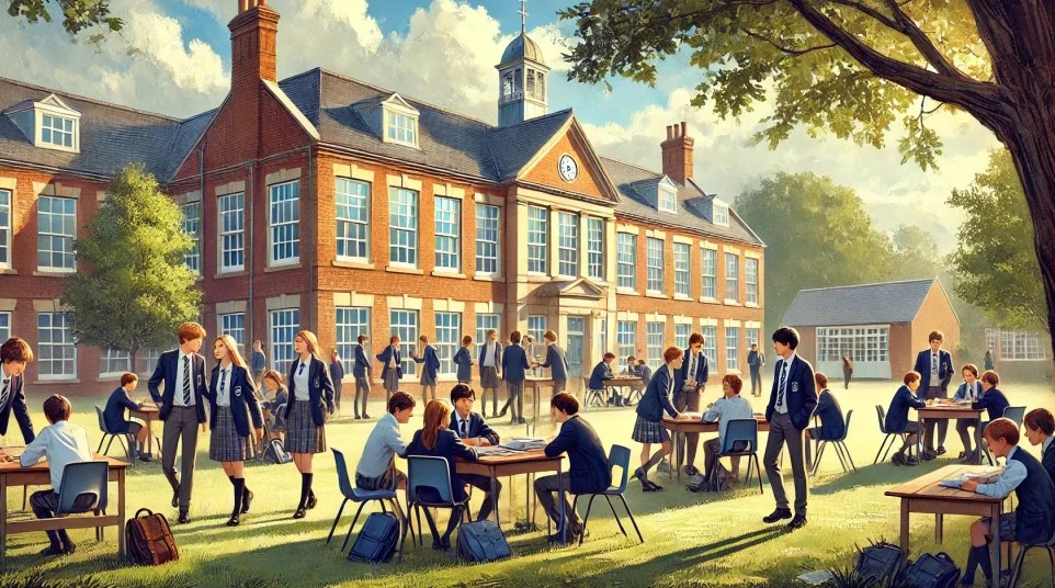 DALL·E-2024-06-19-21.04.56-Create-a-landscape-oriented-picture-depicting-a-typical-UK-secondary-school-with-students-in-Year-9.-The-scene-should-include-students-in-school-unifo-1024x585